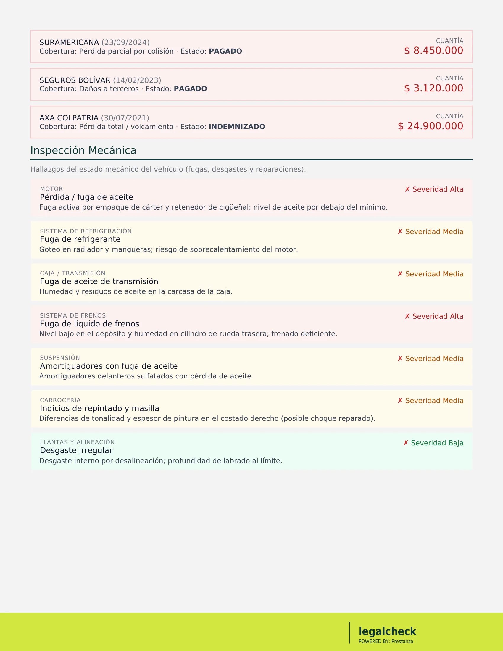 Reporte de siniestralidad e inspección mecánica del vehículo — reclamaciones, fugas, frenos y carrocería