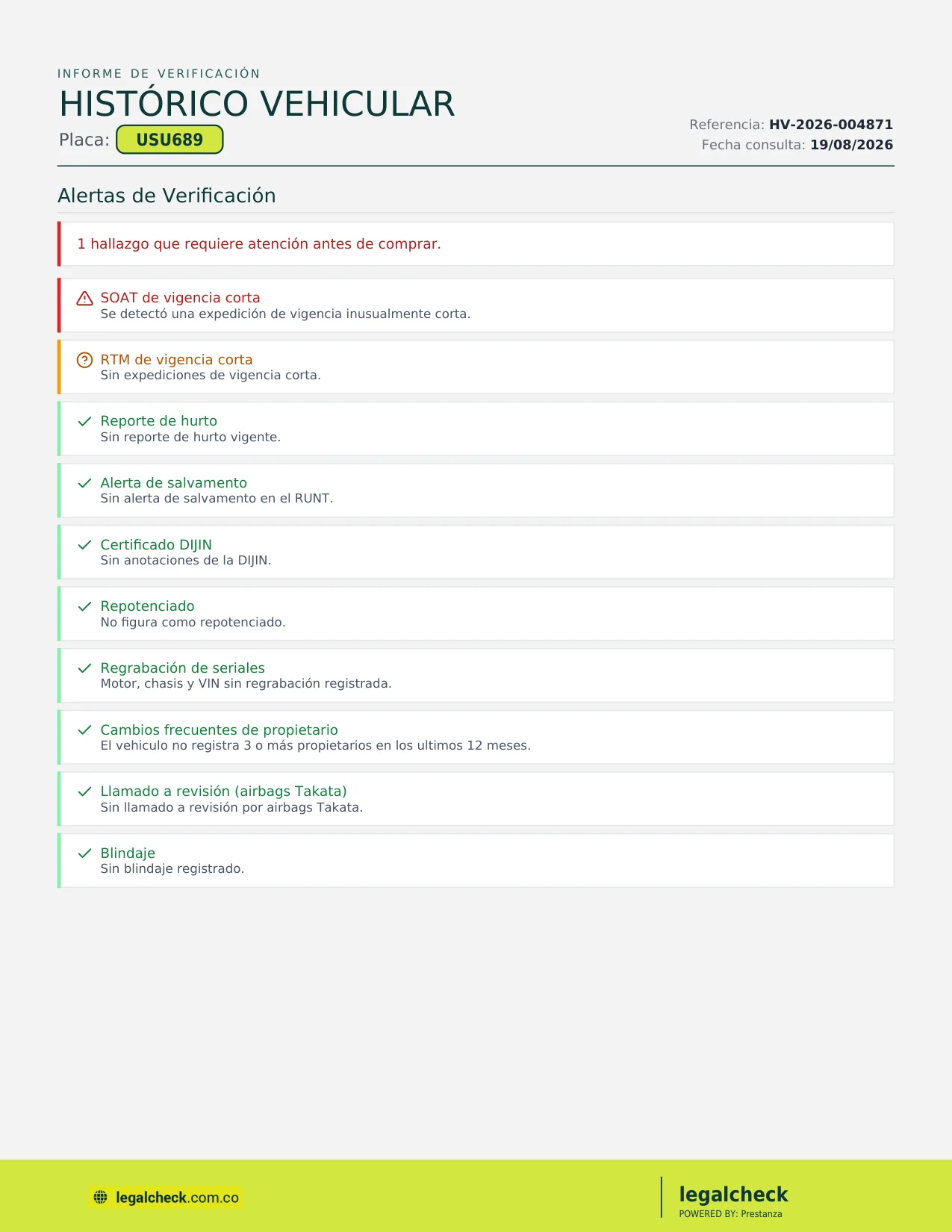 Informe de verificación del vehículo con el detalle de cada alerta detectada