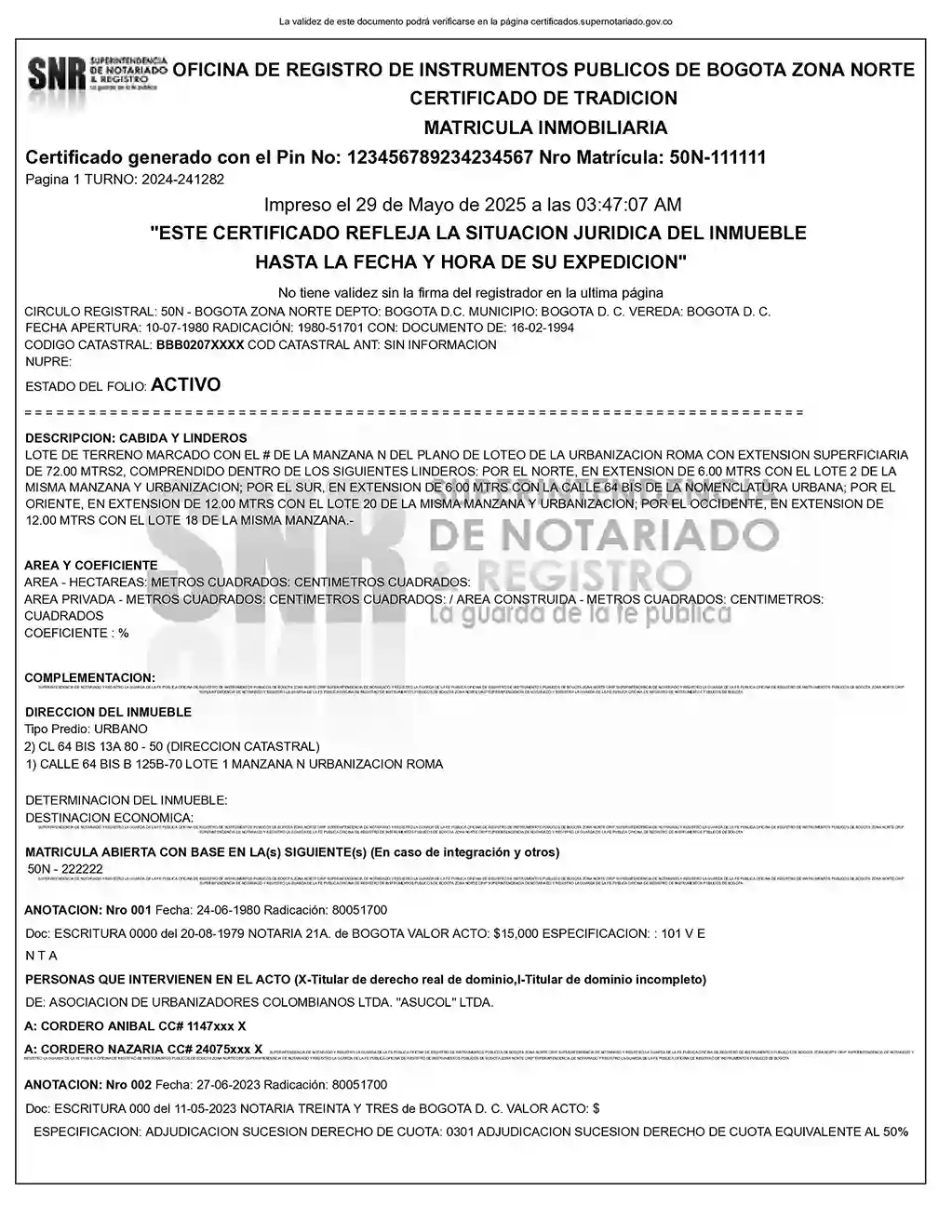 Certificado de Tradición y Libertad expedido por la Superintendencia de Notariado y Registro