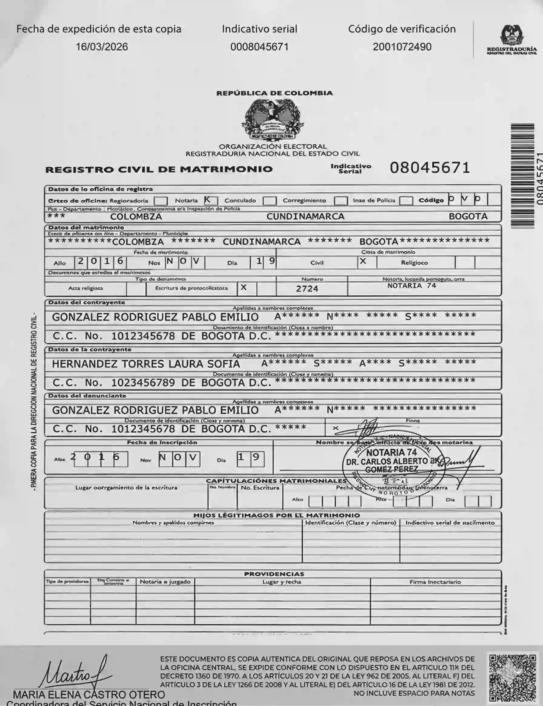 Registro Civil de Matrimonio expedido por la Registraduría Nacional del Estado Civil